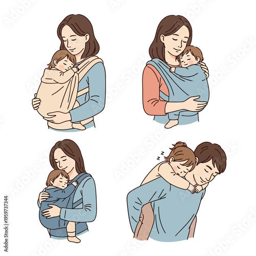Illustrated guide showcasing various comfortable and loving ways parents carry their babies, highlighting the bond through babywearing slings, wraps, and piggyback rides for everyday nurturing