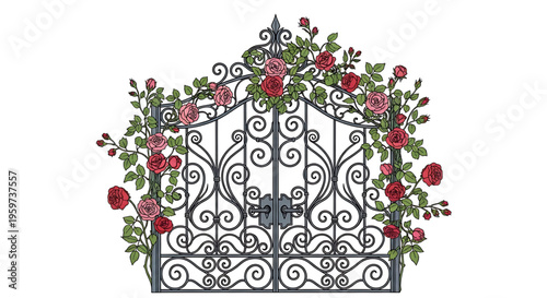 A beautiful wrought iron gate with red roses and green leaves, perfect for garden or entrance decoration