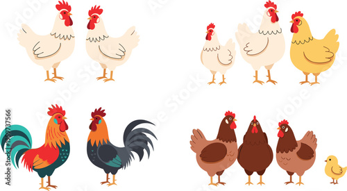 Chicken and rooster cartoon set vector illustration featuring hens roosters and chicks farm poultry animals collection isolated on white background design elements
