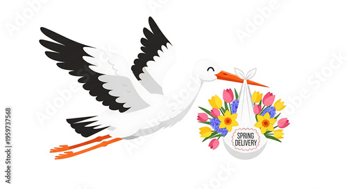 A stork delivers colorful spring flowers in a basket with a 'Spring Delivery' label