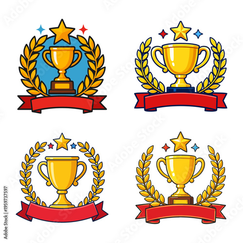 Gold trophy award set with laurel wreath winner champion badges flat illustration with ribbon banners