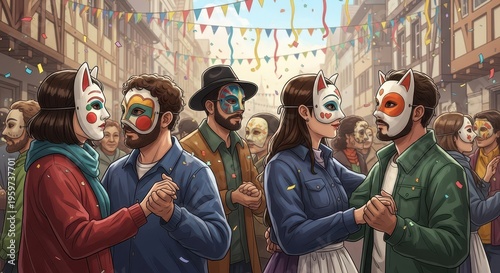 People wearing colorful animal masks.