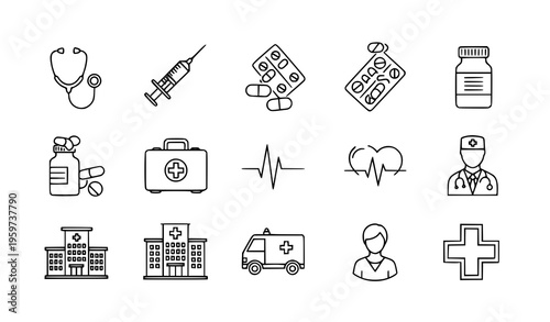 Healthcare and Medicine Outline Icons Set Editable Stroke Vector
