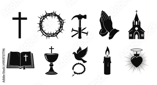 Curated collection of traditional Christian religious symbols, illustrated as elegant vector icons representing themes of faith, devotion, and spirituality for diverse design purposes