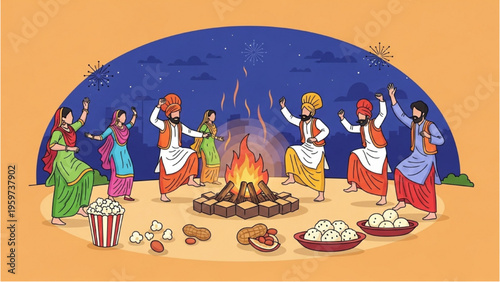 People celebrate festival with fire, food, and dance outdoors at night