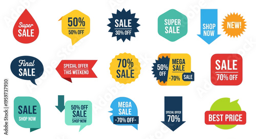 Vibrant assortment of modern flat design sale badges, discount labels, and promotion stickers, ideal for e-commerce, advertising, and marketing campaigns
