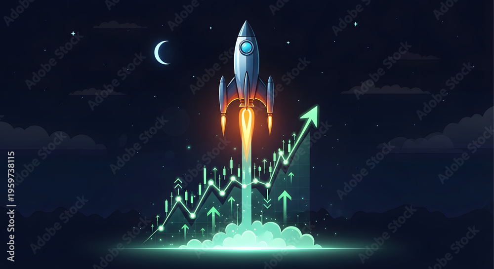 Naklejka premium A rocket launching into the night sky with a graph in the background