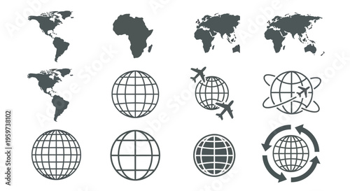 Set of globe and world map icons representing global travel and connectivity