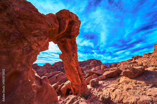 Elephant Rock Red Sandstone Arch Under Vibrant Blue Sky Valley of Fire Nevada