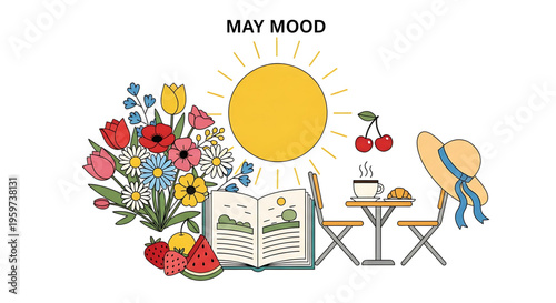 A vibrant illustration of a sunny May day with a table set for a relaxing afternoon outdoors