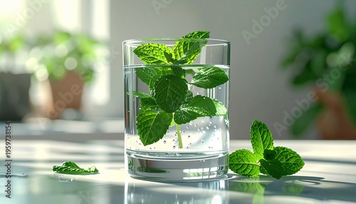 Fresh Mint Leaves in Glass of Water.