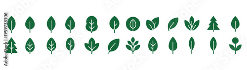 Minimalist Green Leaf Icon Set, Nature Bio Symbols for Eco Branding, Simple Botanical Element Collection