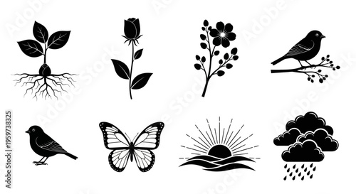 Elegant monochrome vector icon set showcasing diverse natural elements, including plants, flowers, birds, butterflies, serene sunrises, and rain clouds, perfect for environmental designs