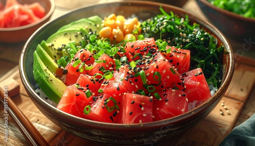 Fresh Poke Bowl with Tuna and Avocado.