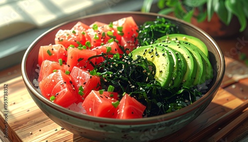 Fresh Poke Bowl with Avocado and Greens.