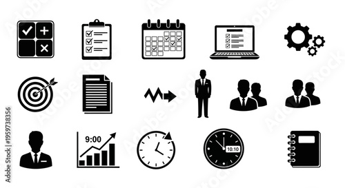 Collection of business and finance icons including charts, calendars, targets, and office supplies