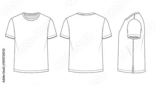 Flat vector sketches of a classic unisex t-shirt viewed from the front, back, and side, presented on a white background for fashion design and apparel mockups