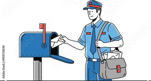 Mailman putting letter in blue mailbox on a residential street
