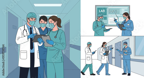 Medical professionals in hospital settings working together.