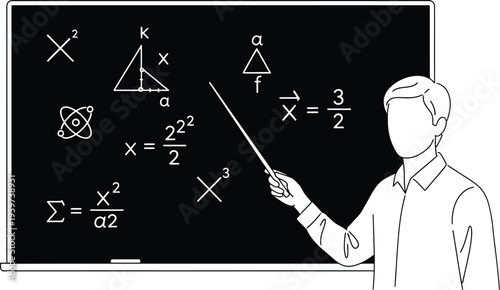 Man standing in front of blackboard covered in complex mathematical equations and symbols