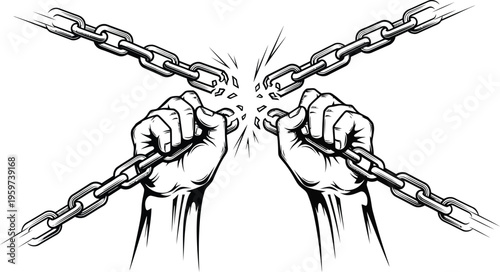 Two fists breaking free from heavy chains with force and great strength instantly