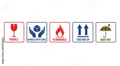 Essential set of universal shipping and handling pictograms for package logistics, indicating fragile contents, careful handling, and protection instructions