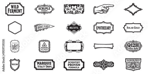 Assortment of retro apothecary labels with decorative frames and symbols