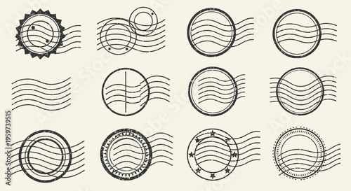 Collection of various round postage stamps with wavy lines, offering a diverse set of postal mark designs