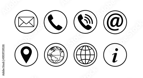 Modern flat design icons for essential communication and information channels, perfect for websites, business cards, and digital interfaces, offering clear and concise representation