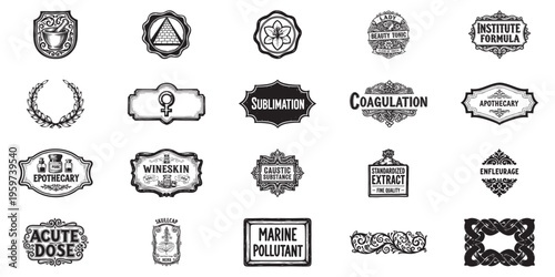 Ornamental apothecary labels and decorative botanical frames with vintage typography graphics