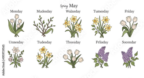 A colorful vector graphic illustration of flowers representing the days of the week in May