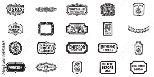Antique pharmacy labels and scientific emblems with decorative frames