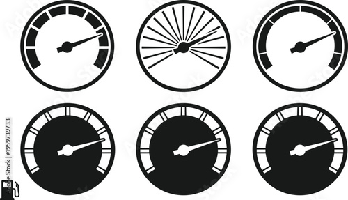 Set of fuel gauge and speedometer icons for car dashboard interface, automotive performance tracking, gas station indicators, and vehicle speed measurement.