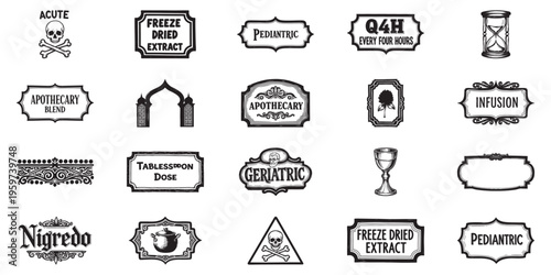 Collection of pharmaceutical labels with medical warnings and traditional apothecary style