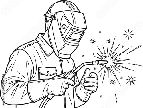 Man wearing a welding mask and holding a welding torch actively