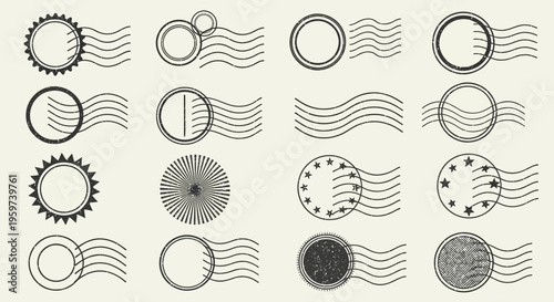 Variety of vintage postal stamp cancellation marks, intricately designed circles with wavy lines, perfect for graphic assets, mail communication themes, and historical design projects