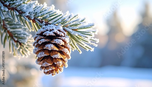 Frosty Pine Cone on Evergreen Branch in Winter Sunlight.