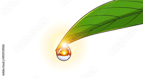 A vector graphic illustration of a glowing water droplet on a green leaf tip, symbolizing nature and freshness.