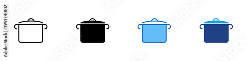 Cooking Pot Multiple Style Icon Design Vector - Pot with lid representing food boiling, meal preparation, and kitchen cooking process