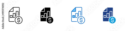 Financial Report Multiple Style Icon Design Vector - Financial report with chart and currency representing revenue analysis, business performance, and profit tracking