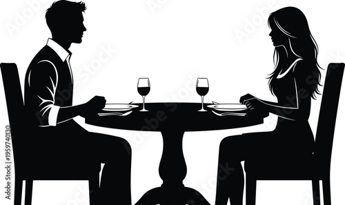 romantic dinner couple silhouette sitting at table with wine glasses date night restaurant scene black vector illustration isolated design