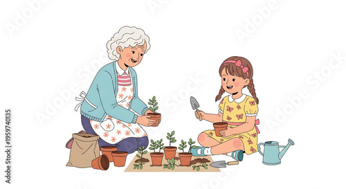 An elderly woman and a young girl planting flowers together in a heartwarming moment of intergenerational bonding and gardening.