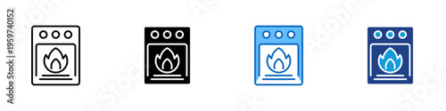 Kitchen Oven Multiple Style Icon Design Vector - Oven with flame symbol representing baking process, cooking appliance, and heat control