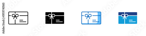Gift Card Multiple Style Icon Design Vector - Gift card with ribbon representing prepaid purchase, retail voucher, and customer reward system