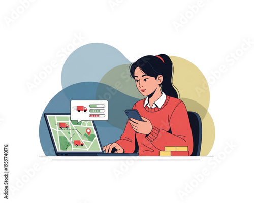 Woman tracking delivery orders on smartphone and laptop with live map interface, parcel shipment monitoring, logistics management, courier dispatch, ecommerce fulfillment, last mile service illustrati