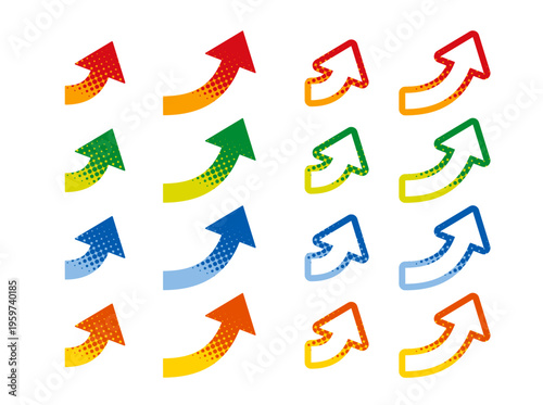 斜め上に伸びるカラフルな矢印のイラストセット　上昇　右肩上がり　向上　増加　ハーフトーングラデーション
