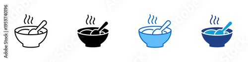 Soup Bowl Multiple Style Icon Design Vector - Bowl with steam and spoon representing hot meal, food serving, and cooking preparation