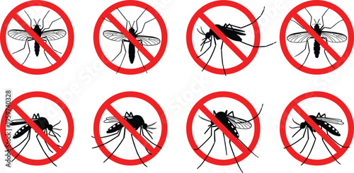 No insect sign set vector illustration featuring crossed out mosquito fly and bug symbols pest control prohibition icons isolated on white background design elements