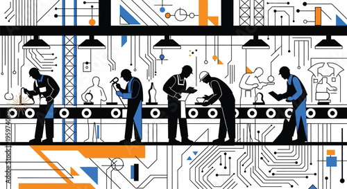 Workers engaged in various tasks on an industrial assembly line production