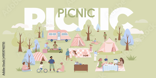 A colorful illustration depicts a cheerful outdoor picnic and camping scene
